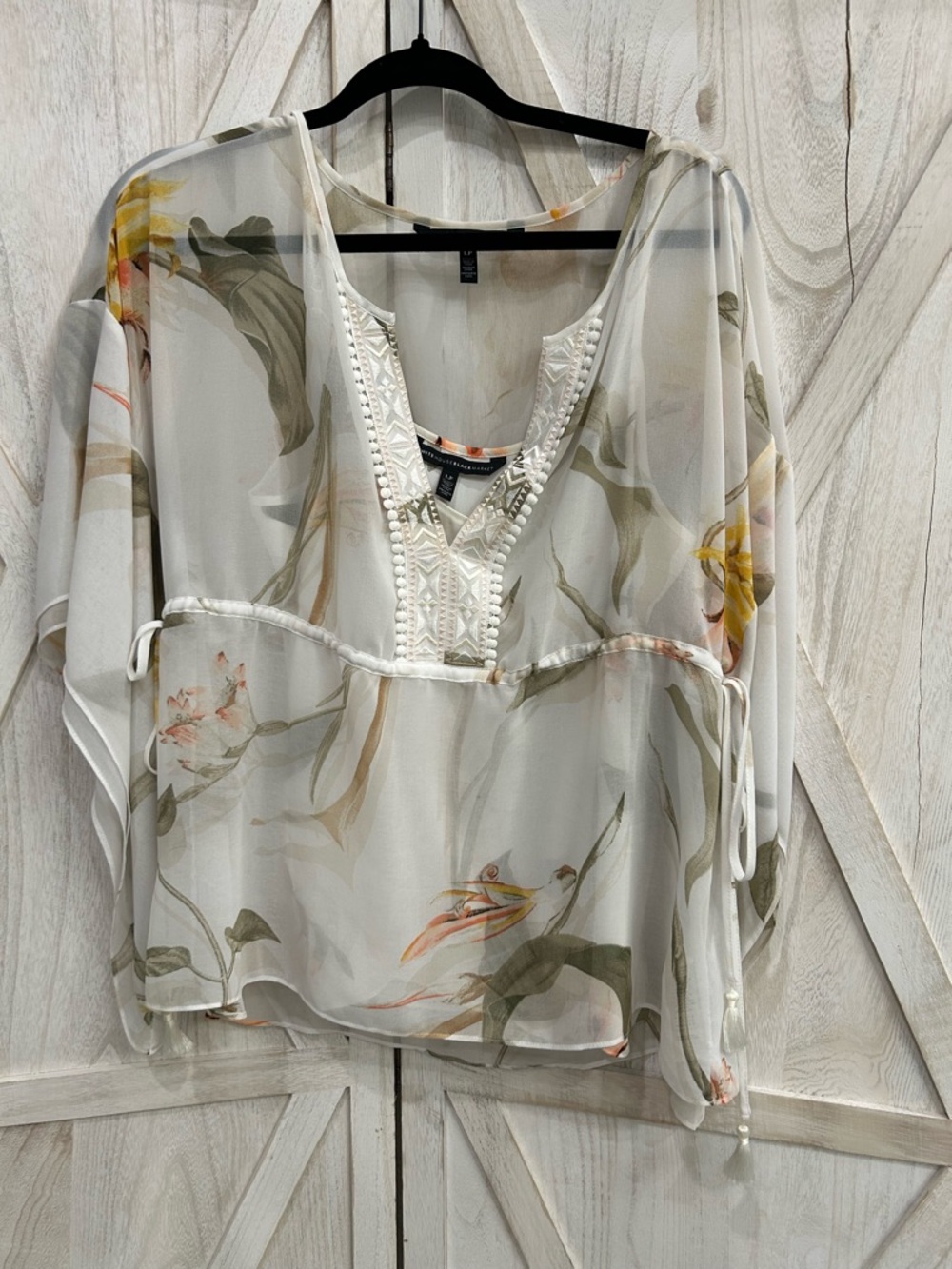 White House Black Market Sheer Floral V-Neck Tunic in White and Green